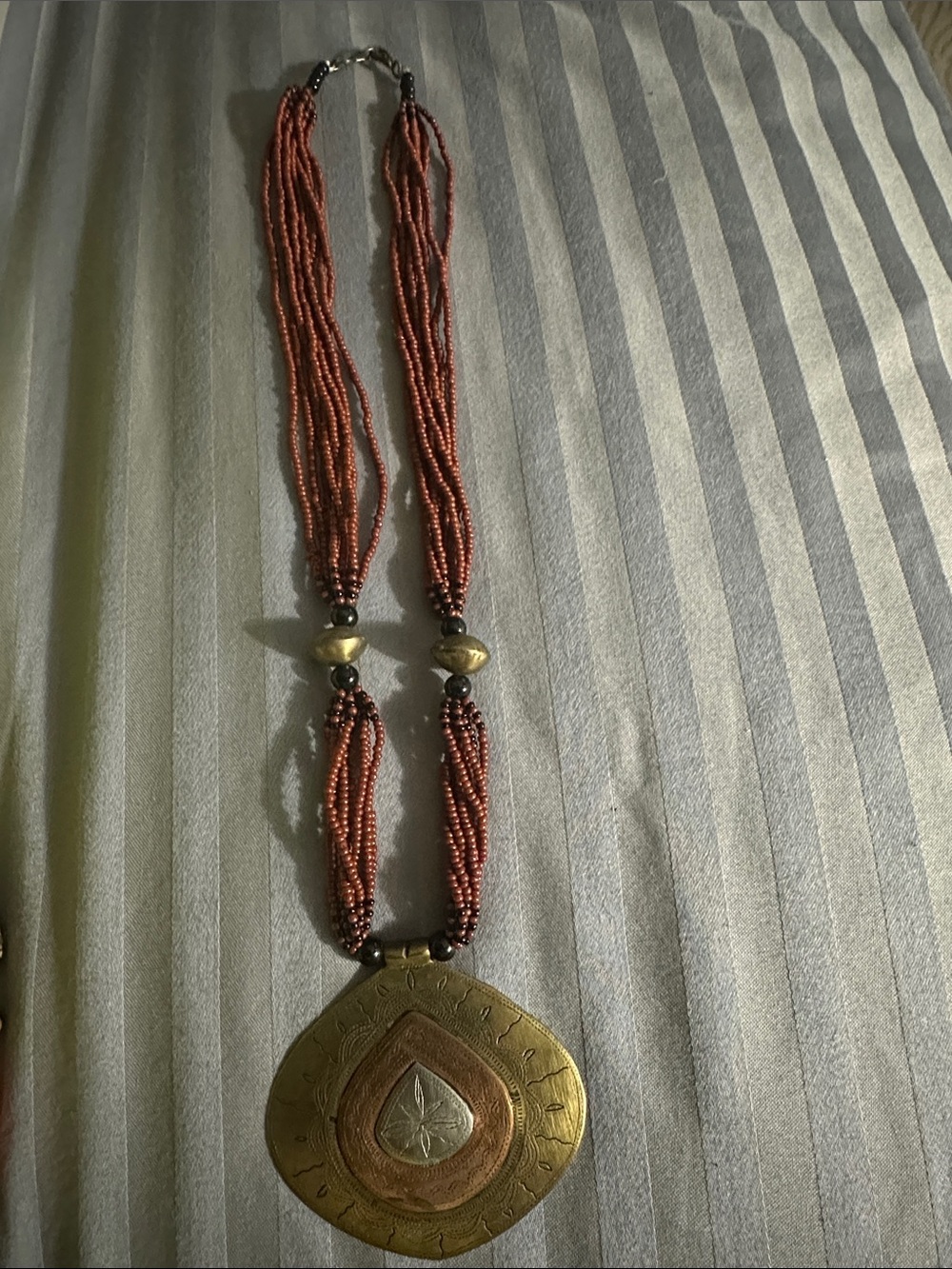 Handcrafted Red Beaded Pendant Necklace with Brass Accents